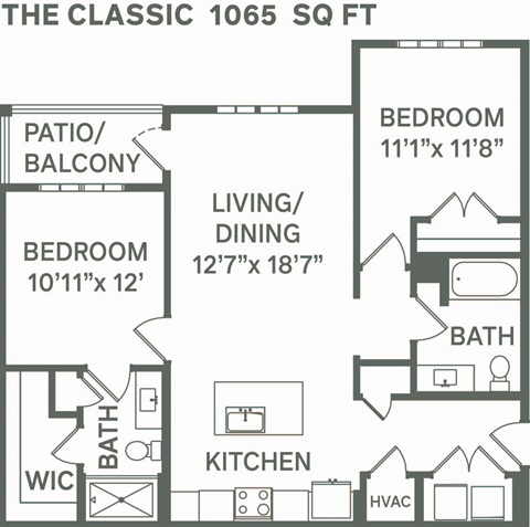 Floor plan for 2 beds, 2 baths, 1065 sqft